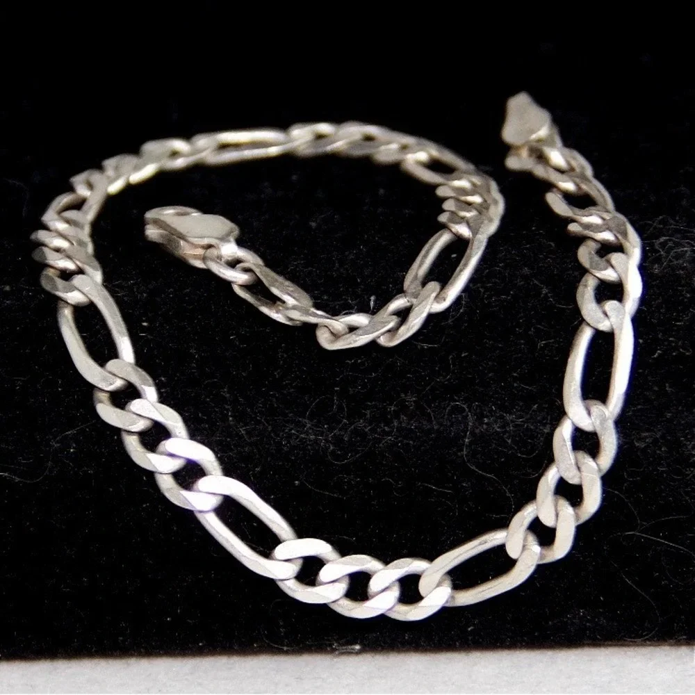 Vintage Sterling Silver 925 Figaro Link Chain Bracelet 8 Inch 4.6mm Mens Jewelry
